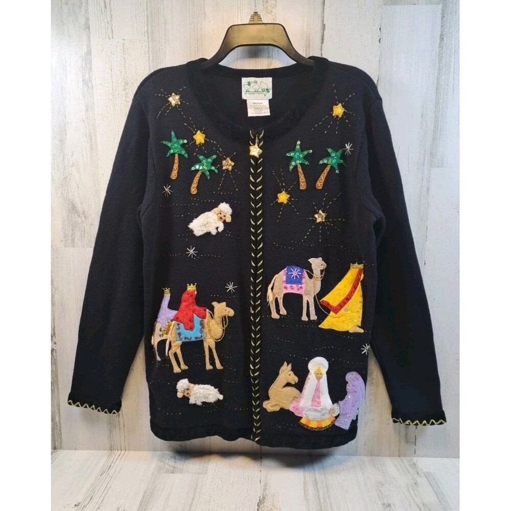 VTG Quacker Factory Zip Up Sweater MED Nativity Scene Storyblock Christmas Party
